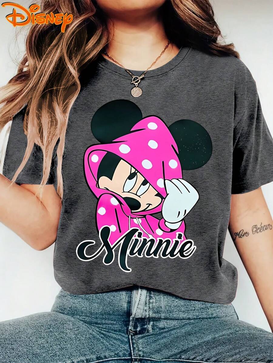 Women'S Disney Short Sleeve Cute Retro Minnie Mouse Hoodie T-Shirt, Pink Polka Dot, Crew Neck, Spring Summer Fall Casual Top, Vintage Style, Breathable, Comfortable, Everyday Wear, Office, Commute, Vacation, S-XXL - Dark Grey - View 1