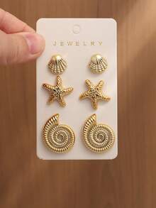 6-10pcs Stylish Starfish, Seashell, Conch Ocean Theme Earrings, Suitable For Holidays, Vacations, Beach Wear - Gold - View 3