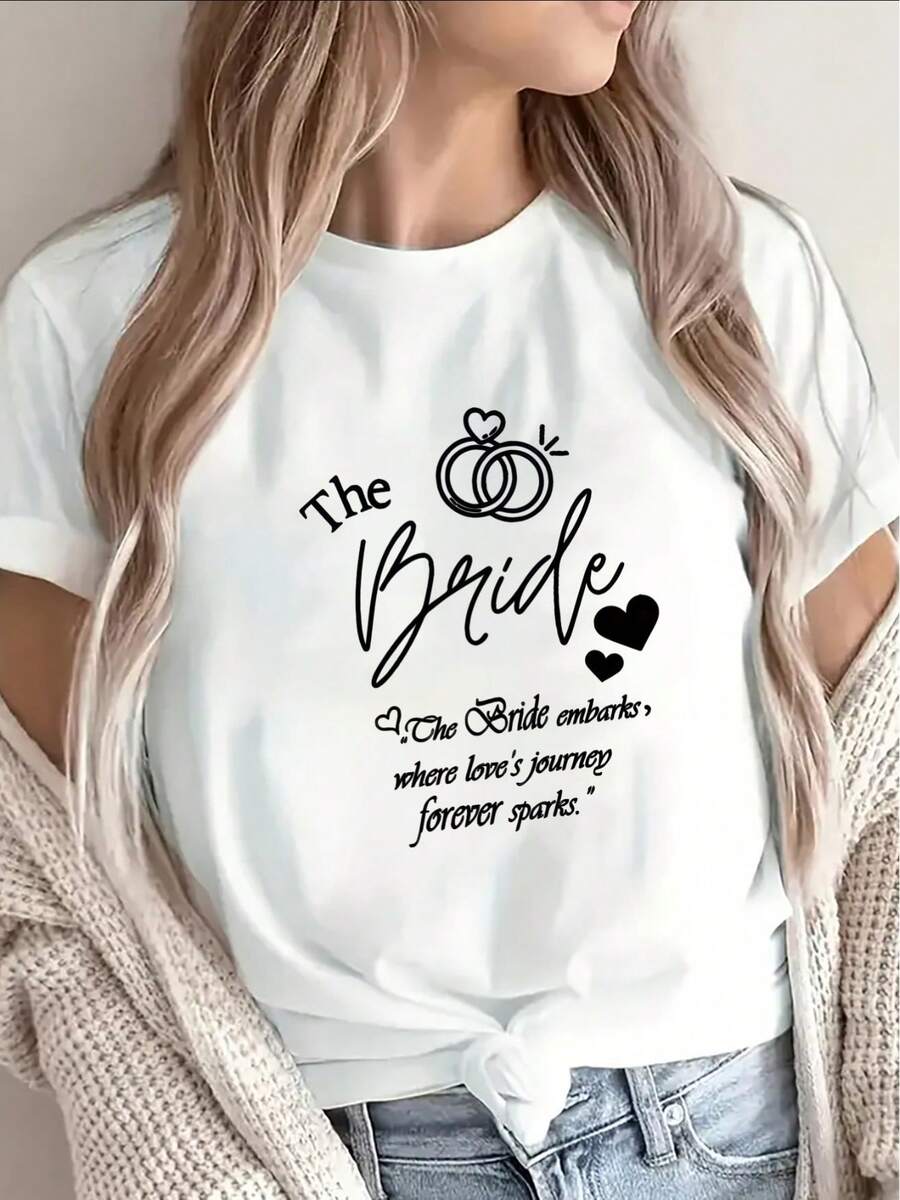 Short-Sleeved Bridal T-Shirt, Elegant Design, With Ring And Heart Print, Perfect For Wedding Celebrations, Lightweight And Comfortable, Ideal For Bridal Parties And Special Occasions. - 白色 - 查看 1