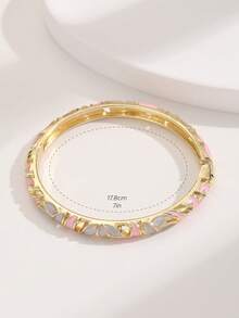 1pc Powder & Grey Color Enamel Coating With Gold Plated Hollow Out Blue-And-White Porcelain Pattern Bangle For Women - Pink - View 5