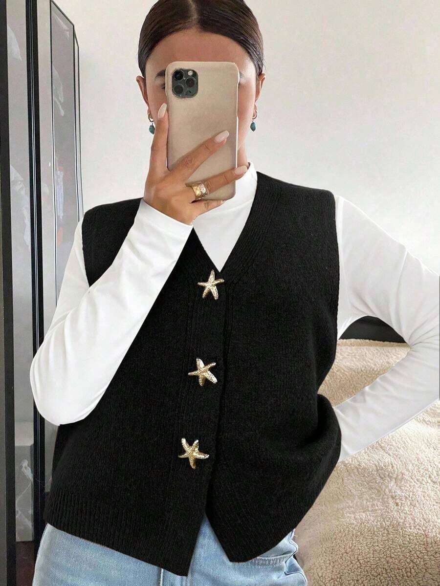 Chaleco de punto con cuello en V, unicolor, decoración de hebilla metálica de estrella de cinco puntas, informal - Negro - Ver 1