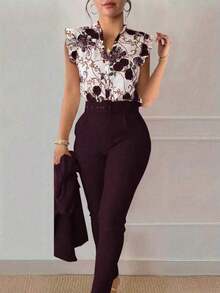 Clasi Women's Floral Print Flutter Sleeve Button-Up Shirt And Pants Elegant 2 Pieces Set (Belt Is Decorative) - Màu đỏ tím - Xem 1