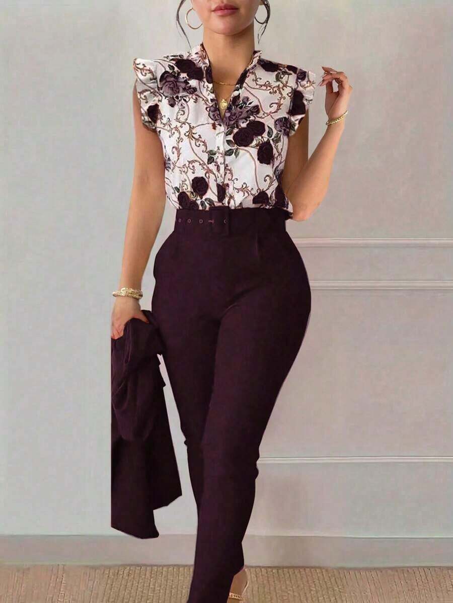 Clasi Women's Floral Print Flutter Sleeve Button-Up Shirt And Pants Elegant 2 Pieces Set (Belt Is Decorative) - Màu đỏ tím - Xem 1