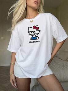 SANRIO 2026 三丽鸥 Hello Kitty 经典图案印花T恤，宽松女式睡衣，家居服，Y2K睡衣 - 白色 - 查看 2