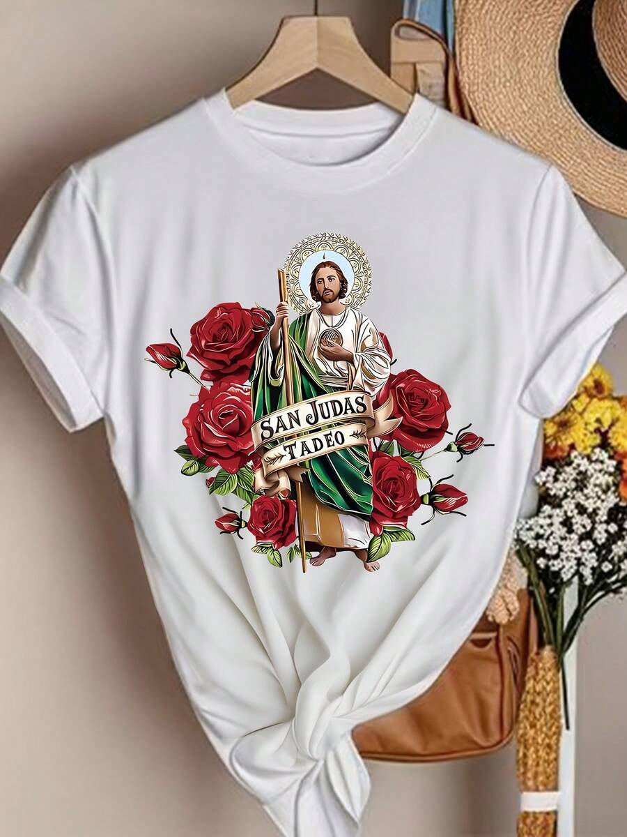 Casual Short-Sleeved, Round-Neck T-Shirt With A Print Of Tadeo And Roses. - White - View 1