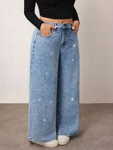 Enliva Pantalones holgados con diamantes lavados y aplicaciones, estilo veraniego, fluidos, Y2K, streetwear, para graduación, aeropuerto, estilo old money, talla grande - Lavado ligero - Ver 9