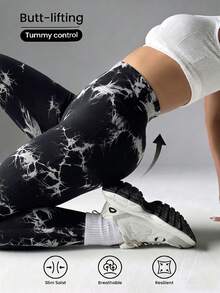 Sport Studio 大码高腰扎染宽腰带紧身裤 黑色 春季运动 - 黑色 - 查看 2