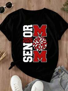 Camiseta de Mujer "Mamá Senior 2026" con Estampado de Pompones para Celebración de Graduación Primavera Verano Ropa Casual - Negro - Ver 2