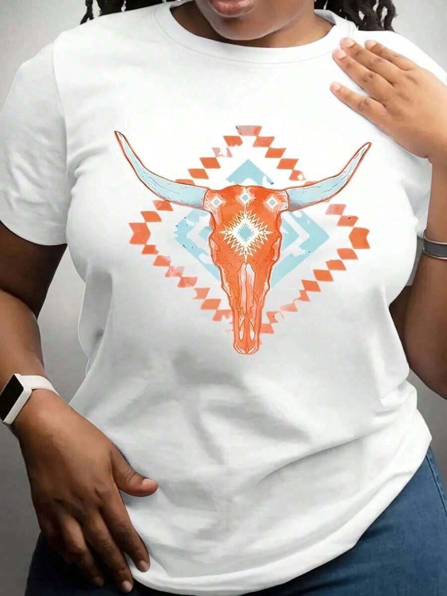 100% algodón, camiseta de mujer, camiseta negra de talla grande, con diseños de calaveras coloridas y patrones geométricos, ideal para uso casual. - Blanco - Ver 1