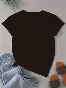Camiseta estampada para mujer de diseño simple y versátil, cuello redondo casual, mangas cortas, elástica, lavable a máquina - elección perfecta para primavera/verano/otoño, camiseta de algodón. - Negro - Ver 2