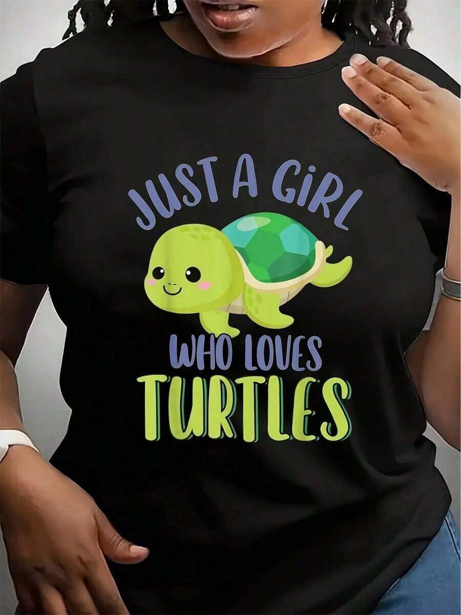 Kawaii Turtle Lover T-Shirt - "Only A Girl Who Loves Turtles" Print, Casual Crew Neck, Soft Knit Fabric, Perfect For Casual Outfits, Fun Graphic Tee, Comfortable Fit, Turtle Gifts Suitable As A Gift. Women's T-Shirt. Blouses>Elegant. Boho Chic, Soft, Breathable And Comfortable Women's Top, Ideal For Spring, Summer And Autumn, Perfect For Vacations, Travel And Everyday Wear. - 黑色 - 查看 1