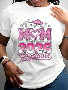 Camiseta de cuello redondo para mujer con estampado de corazón y birrete con purpurina rosa, para mamá graduada 2026.Top casual de algodón a la moda, suave y cómodo para celebraciones de graduación y eventos familiares.Transpirable y cómoda. - Blanco - Ver 6