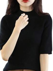 Blusa de punto de manga corta con cuello alto, elegante y de moda para el día a día, de color liso - Negro - Ver 1