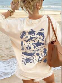 Camiseta de manga corta con cuello redondo, estampado de rayas verticales AMORE, estilo casual, holgada y versátil, para mujer, ideal para uso diario y vacaciones, color blanco. - Albaricoque - Ver 6