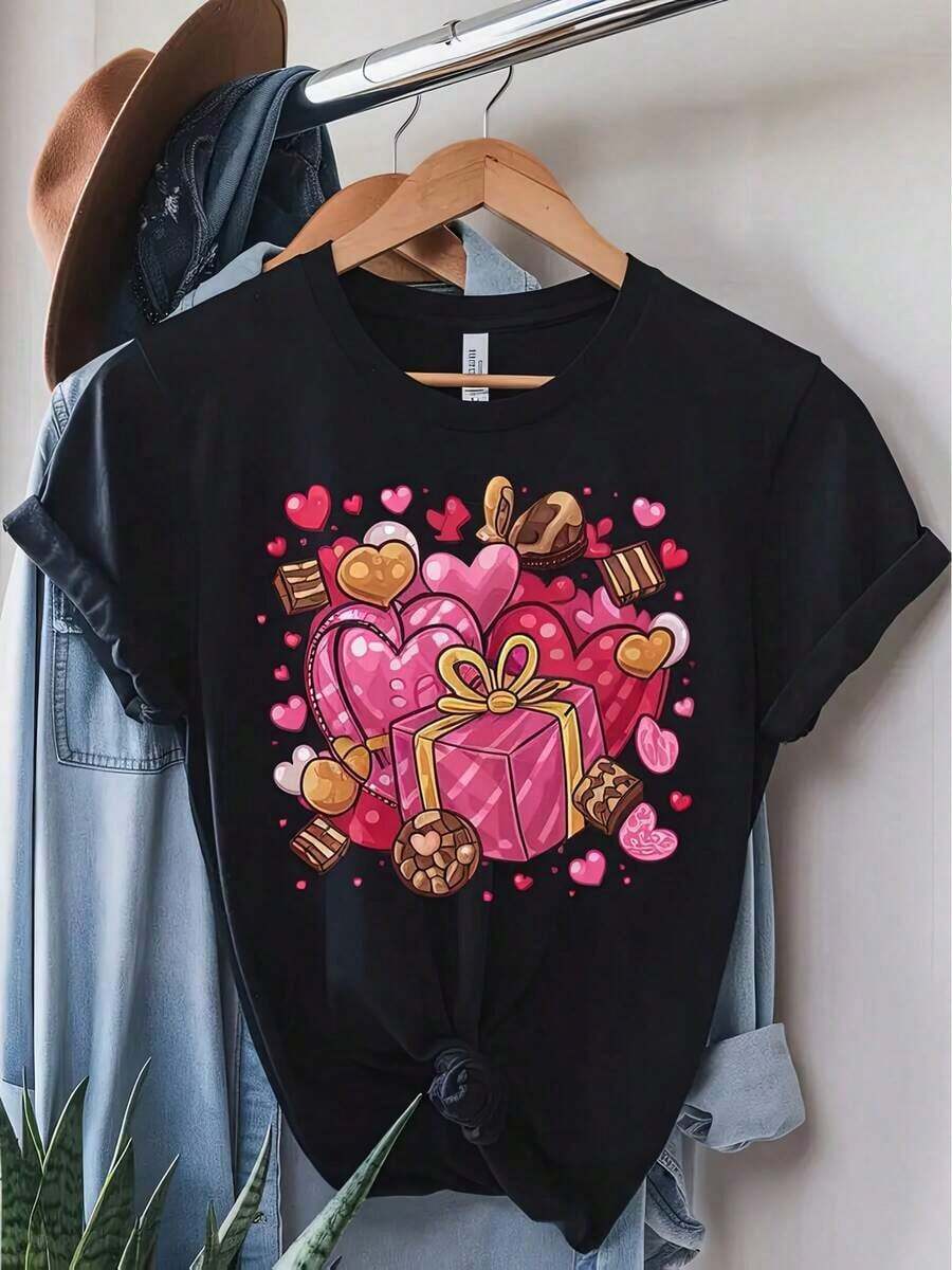 Manga corta, conjuntos de verano para mujer, camiseta estampada con diseño de corazón y caja de regalo, cuello redondo, manga corta, estilo casual, perfecta para primavera y verano, negra, 180g, 100% algodón, tops de mujer vintage. - Negro - Ver 1