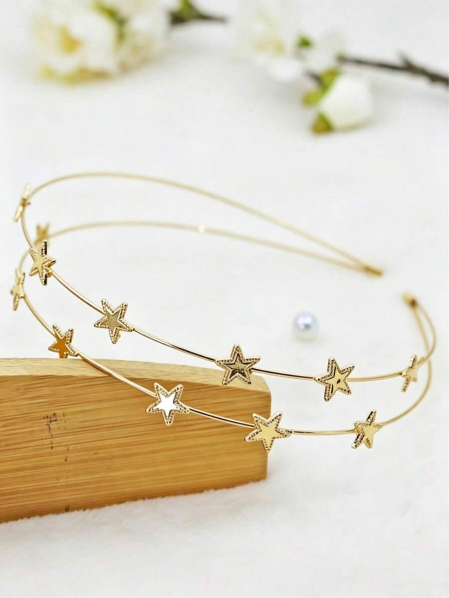 Korean Style Sweet Rhinestone 5-Petal Flower Pearl Headband, Double Row Star Bow Thin Hair Tie, Suitable For Bangs - Multicolor - View 1
