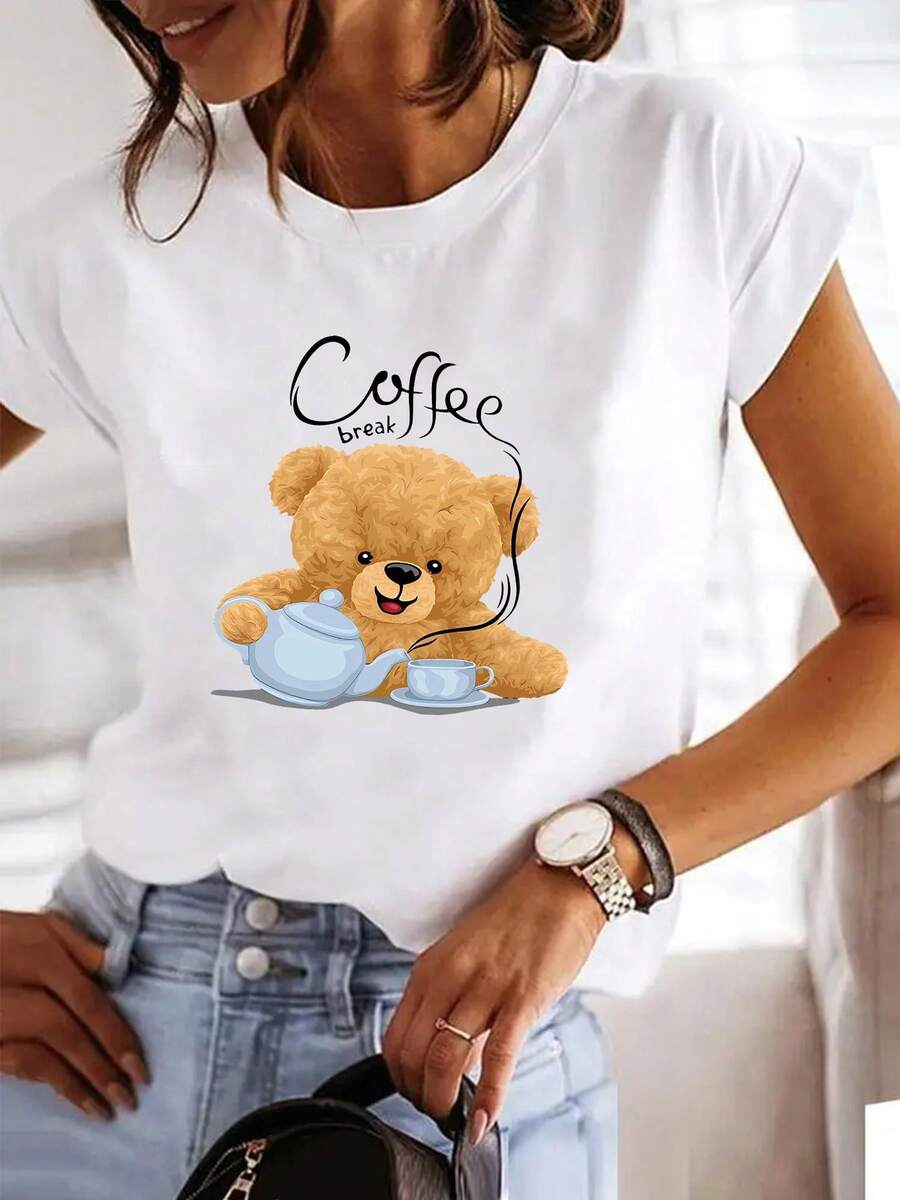 Camiseta de mujer: Estampado popular de oso de dibujos animados, cuello redondo ajustado, top de manga corta a la moda para mujer. - Blanco - Ver 1