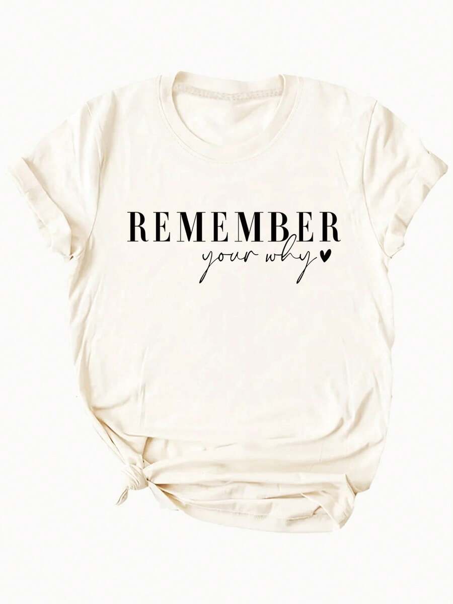 Women's T-shirt Top de manga corta para mujer, ajustado, con cuello redondo y estampado de letras. - Albaricoque - Ver 1