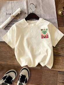 Plus Size Women's Casual Short Sleeve Crew Neck T-Shirt With Colorful Floral And Eye Print, Loose Fit, Stretch Fabric, Summer Bohemian Style, 100% Cotton - 杏色 - 查看 2