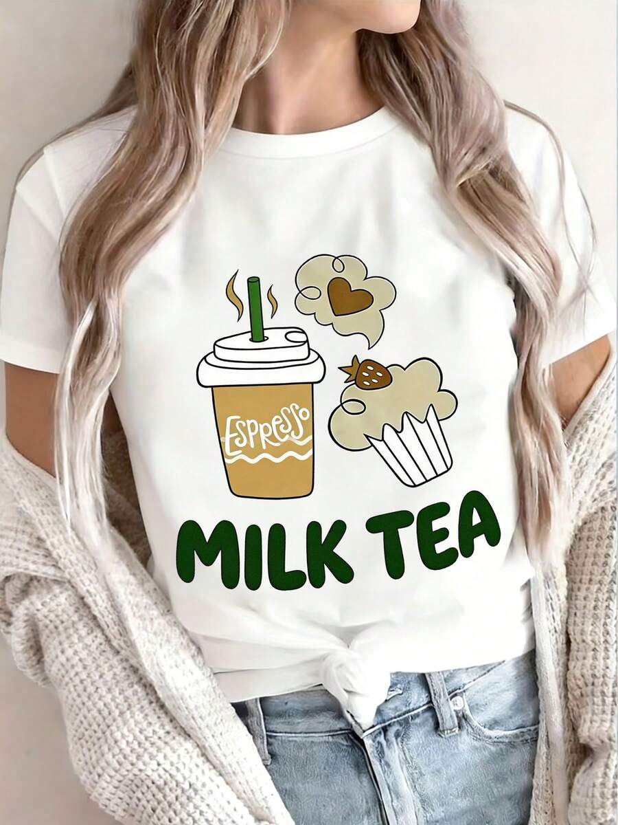 Camiseta estampada para mujer, con diseños de dibujos animados deé con leche helado y cupcakes, adecuada para uso casual diario - Camiseta unisex de algodón suelto de manga corta y cuello redondo, estilo vintage urbano. - Blanco - Ver 1