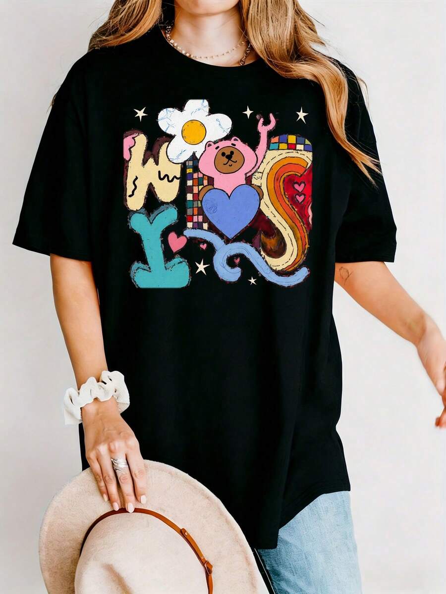 Camiseta holgada estampada de colores para mujer - Camiseta negra de manga corta con estampado de oso de dibujos animados, margarita, estrella, corazón y espiral, estilo casual de manga corta para el verano, festival deúsica, ropa retro Y2K - Top suave, transpirable y holgado, regalo perfecto para el cumpleaños de novias - Camiseta unisex de algodón holgada de manga corta y cuello redondo, estilo vintage urbano. - Negro - Ver 1