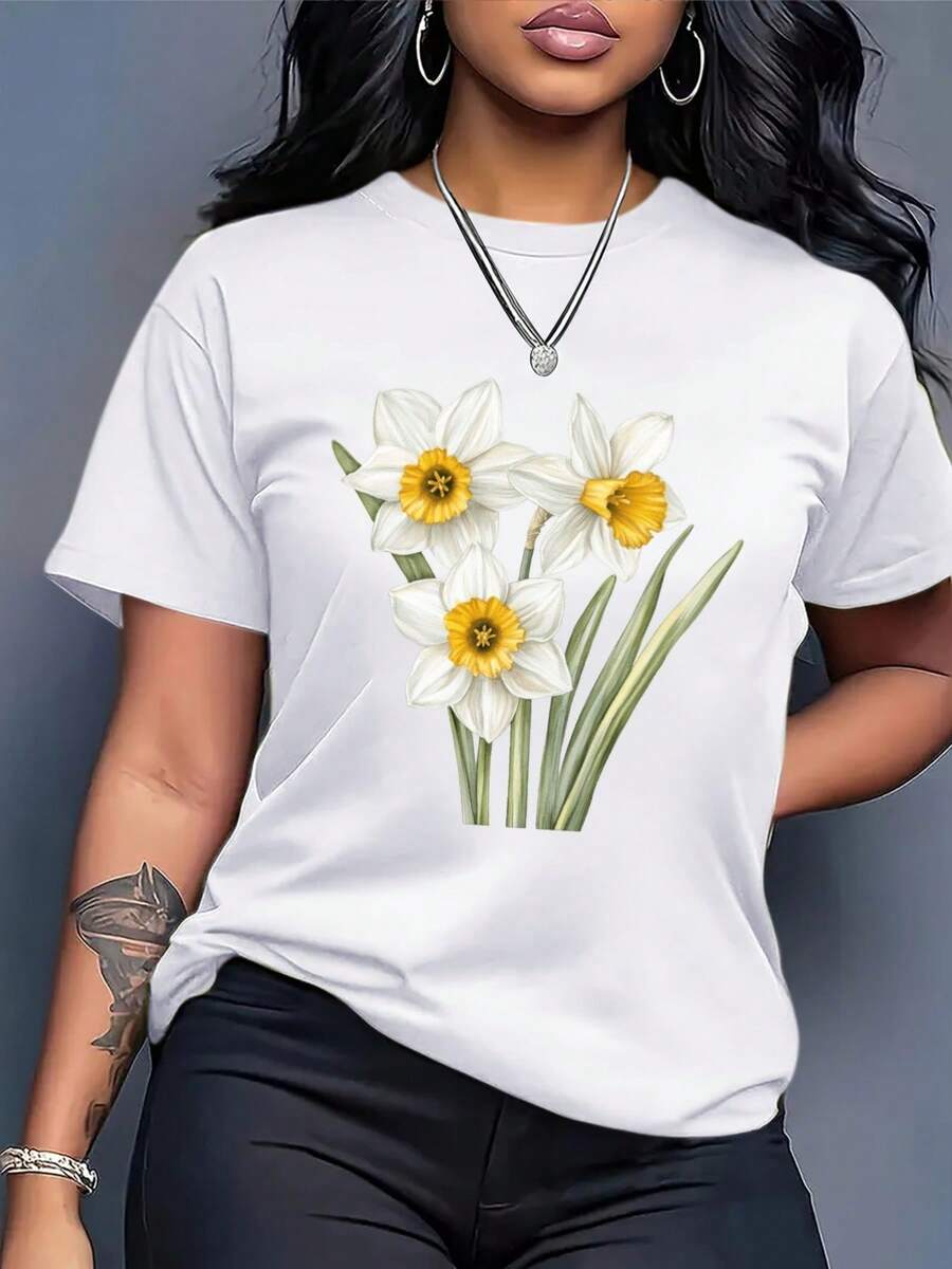 Women's Loose Fit T-Shirt - Casual White Blouse For Everyday Wear With Floral Design, Breathable And Comfortable, Suitable For Home And Outings - Unisex Vintage Urban Style Cotton T-Shirt, Short Sleeve And Round Neck - 白色 - 查看 1