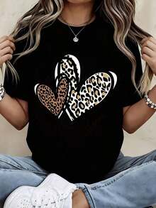 Camiseta Casual de Corte Holgado con Estampado de Corazón de Leopardo y Texto de Amor para Uso Diario y Actividades Deportivas - Estilo Urbano Vintage Unisex, Camiseta de Manga Corta de Algodón con Cuello Redondo, 100% Algodón - Negro - Ver 1