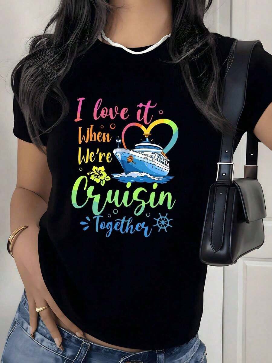 Camiseta con Estampado Gráfico de Barco de Crucero, 180g, 1 Pieza, Estilo Casual de Verano para Mujer, 100% Algodón, para Vacaciones y Navegación - Negro - Ver 1