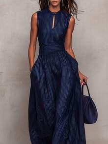 Mono largo de mujer a rayas azul oscuro sin mangas cintura marcada y pierna ancha estilo elegante - Azul marino - Ver 3