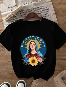 Una camiseta de manga corta para mujer, moderna, a la moda, retro, casual y holgada, adecuada para actividades al aire libre en primavera y verano, con estampados de pañuelo azul, girasol y rosa, unisex, de tela cómoda de 220g, ropa casual, perfecta para envolver regalos y decorar zapatos, con detalles de papel vintage.blusas para mujer,blusas casuales para dama,tops,, mujer premium,y2k,playeras de mujer curvy,ofertas y liquidaciones ropa mujer,playeras deportivas para mujer,,playeras de hombre, mujer,blusas>elegante OIZF - Negro - Ver 8