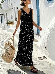 Women's Long, Loose-Fitting Dress With A Linen Texture And Abstract Lines - 黑色 - 查看 3