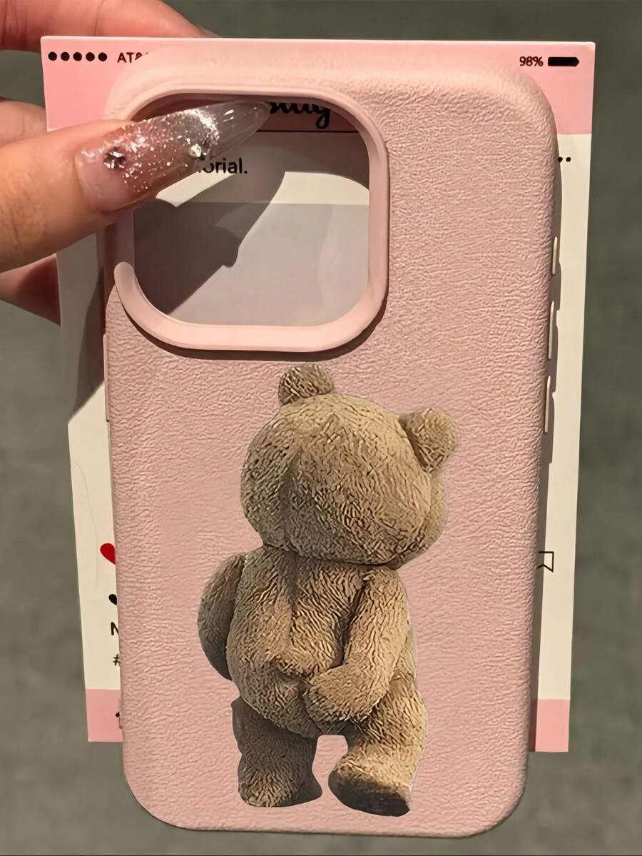 1pc Pink Lychee Texture Matte Lens Protection Back Phone Case With Shy Bear Pattern, Suitable For IPhone 16 Pro Max, 17/16/15/14 Plus, 13/12/11, Air - Multicolor - View 1