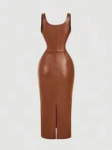 fsvsSHEIN MOD Vestido de mujer de piel sintética marrón, vestido de cóctel de cumpleaños, vestido elegante de invierno y otoño para fiesta, vestido formal, vestido de noche elegante para boda, atuendo para salirsdvs EJQ6 - Óxido marrón - Ver 2