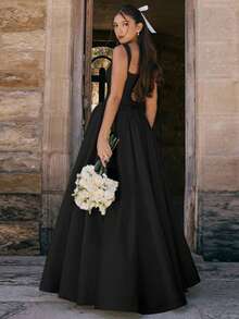 Vestido Largo Otoño Nuevo Liso Ajustado Corte A Elegante Estilo Moderno Sofisticado para Mujer Europea - Negro - Ver 1