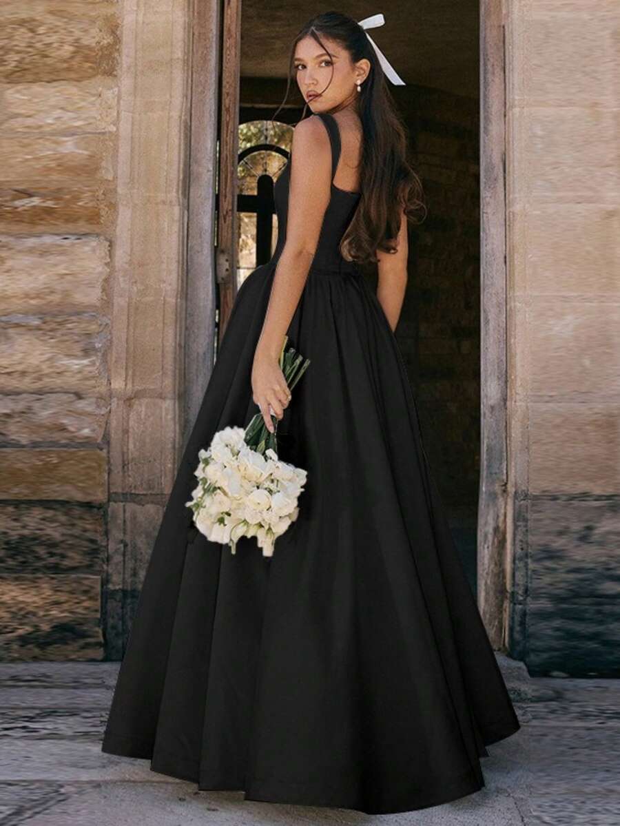 Vestido Largo Otoño Nuevo Liso Ajustado Corte A Elegante Estilo Moderno Sofisticado para Mujer Europea - Negro - Ver 1