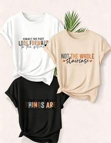 3 camiseta casual de manga corta para mujer, estampada con el diseño "Olvídate del pasado, mira al futuro, no a toda la escalera, las mejores cosas", camiseta de manga corta con cuello redondo para mujer, top deportivo casual de algodón puro y transpirable, regalo para las fiestas. - Blanco - Ver 1