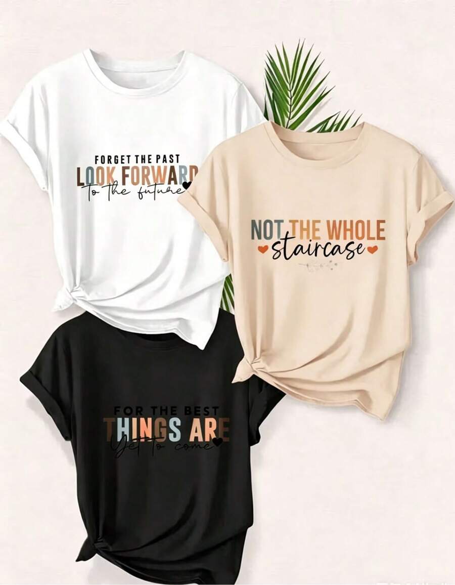 3 camiseta casual de manga corta para mujer, estampada con el diseño "Olvídate del pasado, mira al futuro, no a toda la escalera, las mejores cosas", camiseta de manga corta con cuello redondo para mujer, top deportivo casual de algodón puro y transpirable, regalo para las fiestas. - Blanco - Ver 1