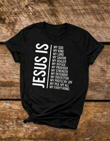 3 Nuevo modelo 2026, camiseta casual de manga corta para mujer de una pieza, estampada con los diseños "La fe puede mover montañas", "Jesús es mi Dios", "No hay necesidad de preocuparse, Dios se encargará de mí", camiseta de manga corta con cuello redondo para mujer, top deportivo casual de algodón puro y transpirable, regalo navideño Chun Die. - Negro - Ver 2