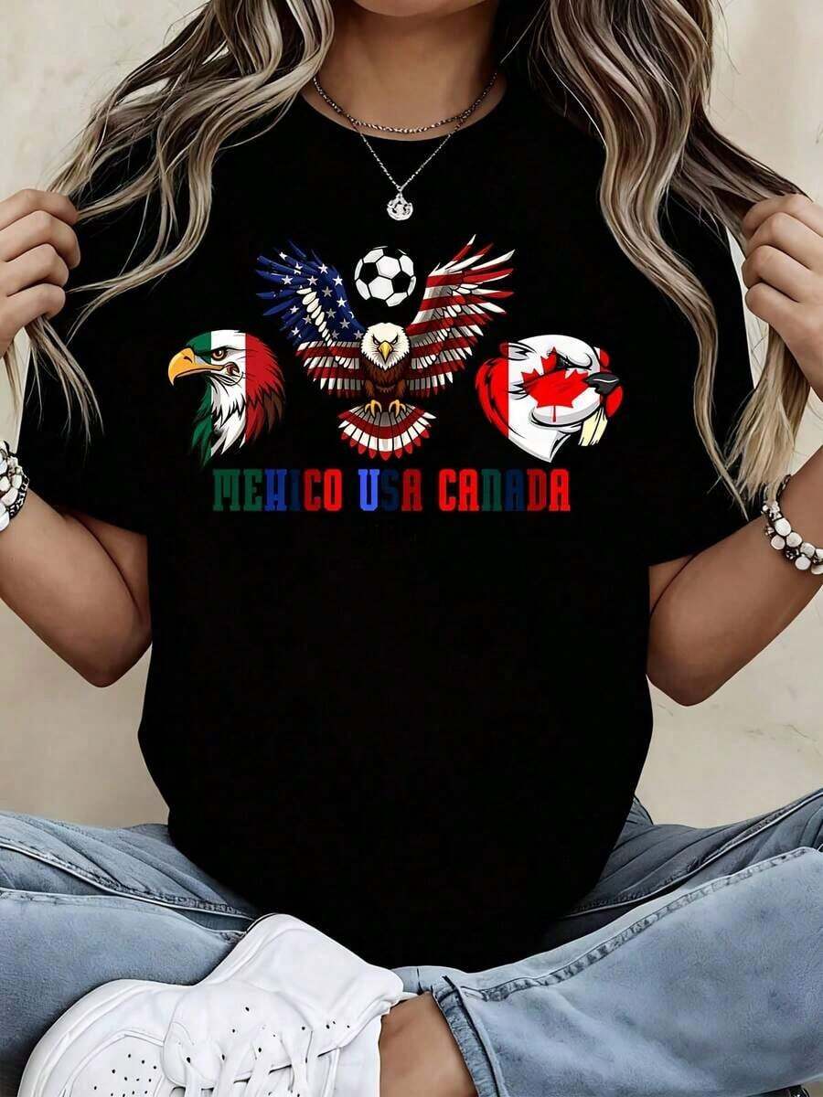 Camiseta Blanca con Bandera de Águila de la Selección Nacional para la Copa Mundial de Fútbol 2026 de México, Estados Unidos y Canadá, Diseño con Emblema y Texto para Eventos Deportivos y Ropa de Fanáticos) playeras de mujer - Negro - Ver 1
