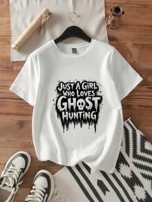 Women's Comfortable Pure Cotton Short-Sleeved T-Shirt With "Only A Girl Who Loves Ghost Hunting" Print, Per_176_t1 Women's T-Shirts - 白色 - 查看 2