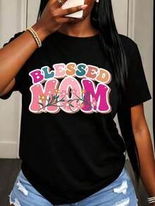 Camiseta de Mujer con Diseño Floral "Bless-Ed Mom" para Uso Casual de Verano - Negro - Ver 6