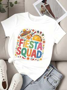 Camiseta de Mujer a la Moda con Estampado Fiesta, Diseño de Sombrero, Guitarra, Taco y Maracas para Eventos de Celebraciónblusa casual mujer - Blanco - Ver 4