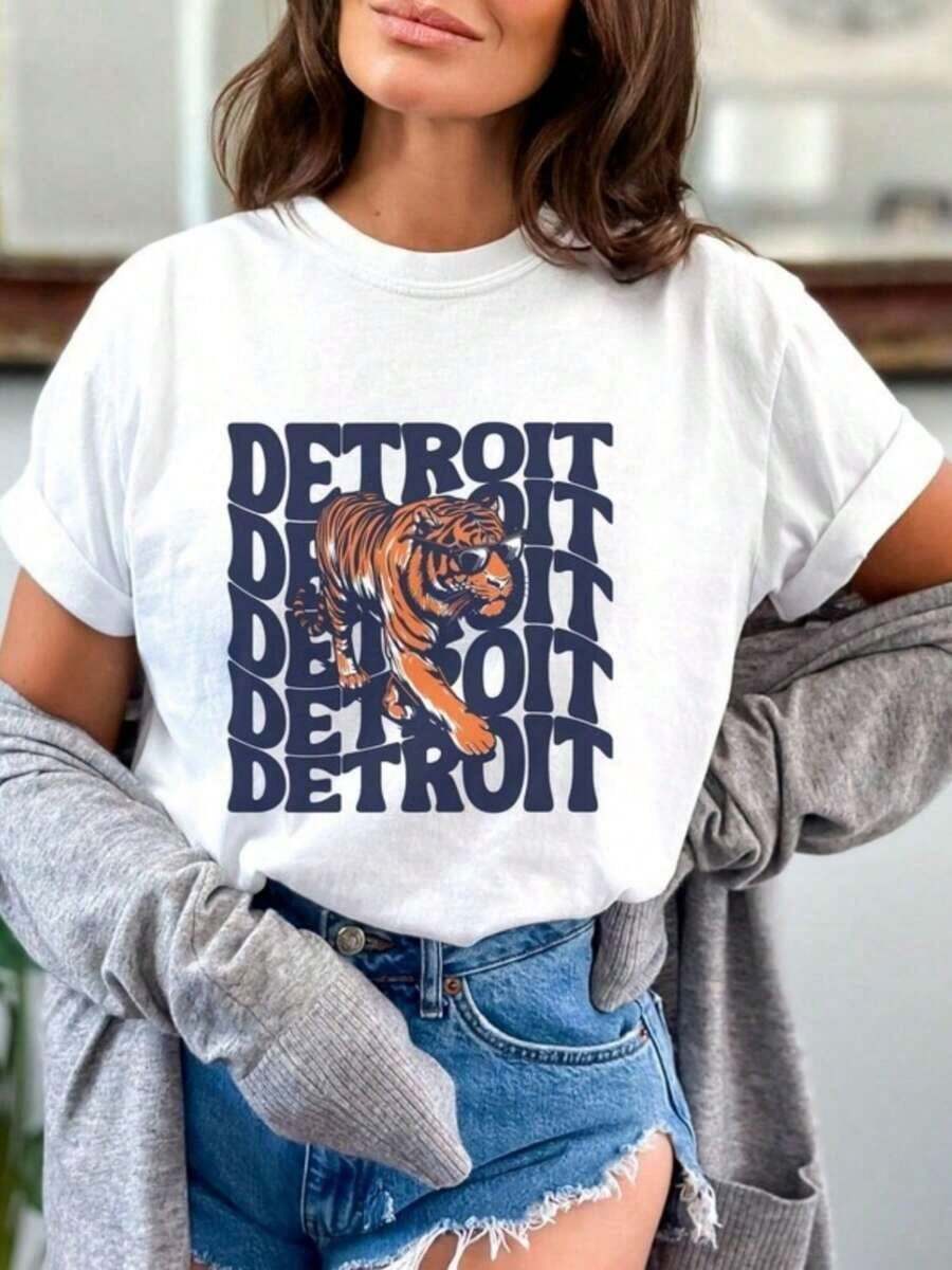 Camiseta de Algodón Estilo Vintage con Estampado de Slogan de Lisboa, Ropa de Béisbol de Detroit, Camisetas, Regalo para Hombres y Mujeres para Aficionados al Deporte, Equipamiento para el Día del Partido, Gafas Tiger Echo (2) para el Verano Diario - Blanco - Ver 1