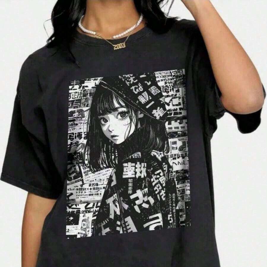 Anime And Manga Hoodies, Anime Lover T-Shirt, Anime Graphic T-Shirt, Fashionable Anime T-Shirt, Special Unisex Vintage Anime T-Shirt | Exquisite Design | Loose And Comfortable | Easy To Match | - 黑色 - 查看 1