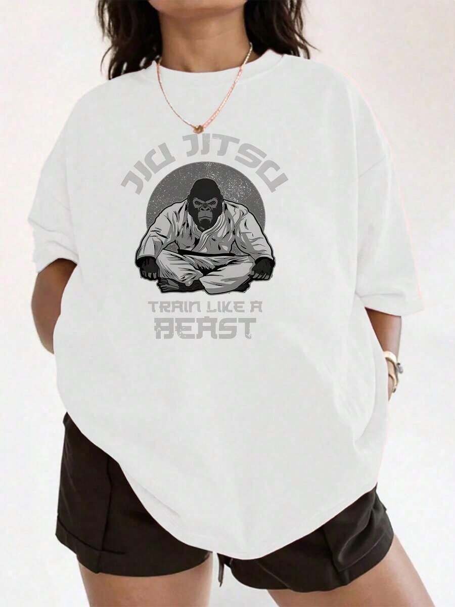 ComfortableIlustración de arte marcial que muestra a una persona sentada en posición de meditación con atuendo de jiu jitsu transmitiendo fuerza disciplina y superación personal camisetas de mujer 100% algodón blanca cómoda y resistenteFashion All-match Women's Short Sleeve T-shirt, Basic Style for Inner & Outer Wear - Blanco - Ver 1