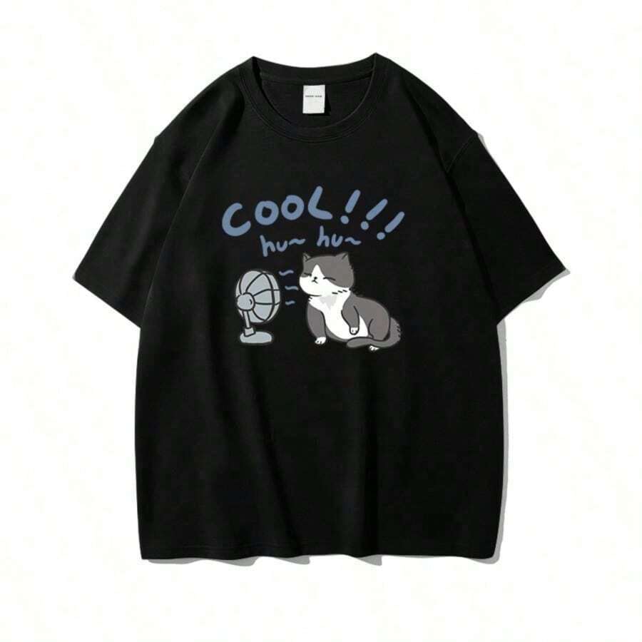 COOL SUMMER Cute Short Sleeve Cotton T-Shirt With And Print, Anime Style, Cartoon Fashion For Women And Girls, Kawaii Top | Exquisite Design | Loose And Comfortable | Easy To Match | - 黑色 6 - 查看 1