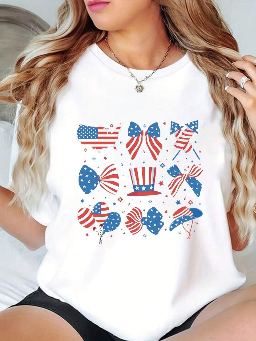 Women's T-shirt Camiseta con Estampado del Día de la Independencia Americana, Cuello Redondo, Manga Corta, Primavera/Verano, Ropa Casual para Mujer - Blanco - Ver 1