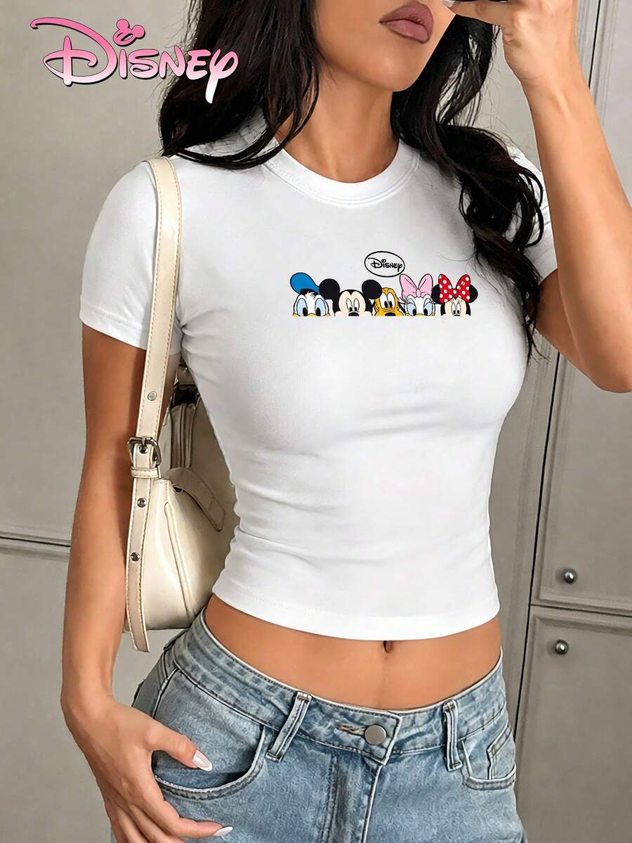Disney Women's Slim-Fit Cropped T-Shirts With Mickey Mouse Family Head Print, Simple And Cute Style, Suitable For Daily Commutes, Casual Outings, And Outings With Friends. - trắng - Xem 1