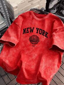 Men's Heavyweight With New York Pattern Print And Vintage Letters Available In Plus Sizes, All-Season Comfortable Machine Washable Casual Clothing - Red - View 8