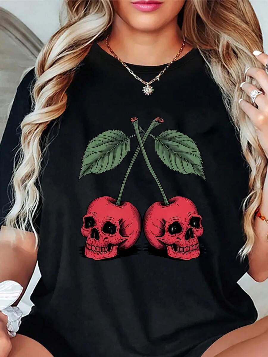 T-shirt única con diseño Y2K de calaveras y cerezas rojas, perfecta para un estilo moderno y atrevido, ideal para destacar en cualquier ocasión, atrévete a lucir este original diseño que combina elegancia y un toque de rebeldía, disponible en diferentes tallas. - Negro - Ver 1